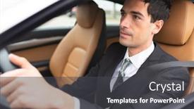  Presentation with car business - Audience pleasing PPT theme consisting of smiling-business-man-driving backdrop and a dark gray colored foreground