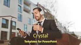  Presentation with smartphone app - Audience pleasing PPT theme consisting of smiling business man uses smartphone app in a coffee break backdrop and a tawny brown colored foreground