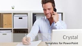  Presentation with business environment using laptops globe - Cool new slide deck with smiling business man using cell phone at desk in office backdrop and a white colored foreground