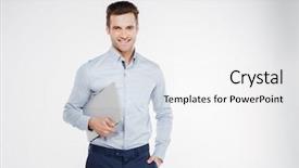  Presentation with young man holdng laptop on lap money - Presentation design featuring smiling business man which holding background and a white colored foreground