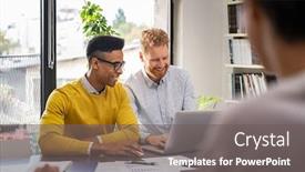  Presentation with business report - Amazing presentation theme having smiling-business-men-discuss-project backdrop and a gray colored foreground