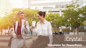  Presentation with business women - Amazing PPT theme having smiling-business-partners-having-break backdrop and a coral colored foreground