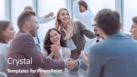  Presentation with shaking hands - Colorful PPT theme enhanced with smiling-business-partners-shaking-hands backdrop and a gray colored foreground