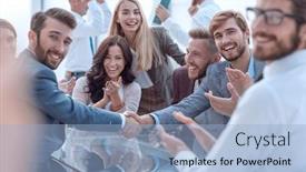  Presentation with team hands - Slide deck enhanced with smiling-business-partners-shaking-hands background and a light blue colored foreground