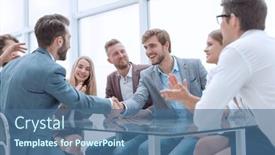  Presentation with shaking hands - Amazing theme having smiling-business-partners-shaking-hands backdrop and a ocean colored foreground