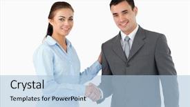  Presentation with business partner people joining hand - Presentation theme having smiling business partners shaking hands background and a light blue colored foreground