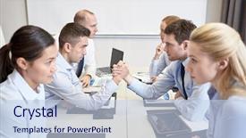  Presentation with people conflict - Slide deck having smiling business people having conflict background and a sky blue colored foreground