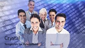  Presentation with camera - Beautiful slide deck featuring smiling business people looking at camera with arms crossed against stocks and shares backdrop and a teal colored foreground