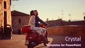  Presentation with young happy people smiling - Presentation enhanced with smiling business people on scooter young happy couple riding scooter background and a wine colored foreground