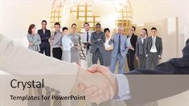  Presentation with abstract business world - Cool new theme with smiling business people shaking hands backdrop and a mint green colored foreground