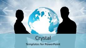  Presentation with blue global - Presentation design consisting of smiling business people shaking hands background and a light blue colored foreground