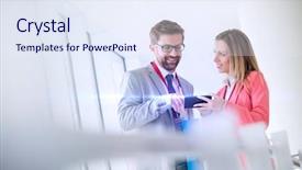  Presentation with five business people standing together and smiling - Beautiful PPT theme featuring smiling business people using smart backdrop and a sky blue colored foreground