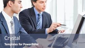  Presentation with computer-room - Slides featuring smiling-business-people-with-computer background and a ocean colored foreground