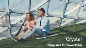  Presentation with paper cups - Beautiful PPT layouts featuring smiling business people with paper cups on a grass backdrop and a dark gray colored foreground