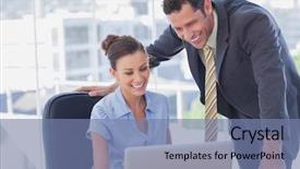  Presentation with five business people standing together and smiling - Cool new PPT theme with smiling business people working together backdrop and a seafoam green colored foreground