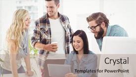  Presentation with business office desk - Cool new PPT theme with smiling business professionals using digital tablet while sitting at desk in office backdrop and a coral colored foreground