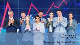  Presentation with shares - Presentation design featuring smiling business team applauding at camera against stocks and shares background and a teal colored foreground