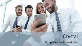  Presentation with sms - Theme enhanced with smiling business team discussing sms background and a light blue colored foreground