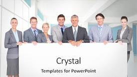  Presentation with blue business - Slide deck with smiling business team holding poster background and a  colored foreground