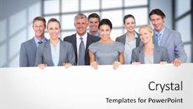  Presentation with business team join hands white - Slide deck enhanced with smiling business team holding poster background and a  colored foreground