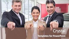  Presentation with car business - PPT theme having smiling business team pointing at camera at new car showroom background and a coral colored foreground