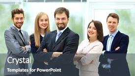  Presentation with five business people standing together and smiling - Cool new presentation theme with smiling business team standing upright backdrop and a  colored foreground