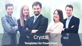  Presentation with team hands - Audience pleasing PPT layouts consisting of smiling business team standing upright backdrop and a  colored foreground