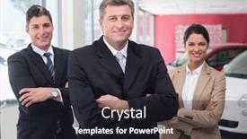  Presentation with car business - Slides having smiling-business-team-standing background and a dark gray colored foreground