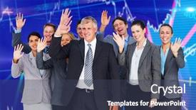  Presentation with shares - PPT theme featuring smiling business team waving at camera against stocks and shares background and a ocean colored foreground