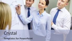  Presentation with discussion board - Presentation design having smiling business team with chart background and a  colored foreground