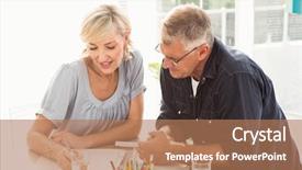  Presentation with team working together - Presentation design with smiling business team working together at the office background and a coral colored foreground