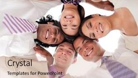  Presentation with heads - Presentation theme having smiling business team background and a soft green colored foreground