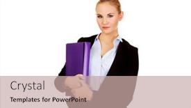  Presentation with binder - Beautiful presentation design featuring smiling business woman holding a binder backdrop and a coral colored foreground