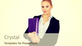  Presentation with binder - Slide deck enhanced with smiling business woman holding a binder background and a cream colored foreground