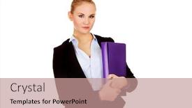  Presentation with binder - Amazing PPT theme having smiling business woman holding a binder backdrop and a coral colored foreground