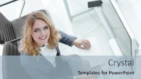  Presentation with desk - Slide deck featuring smiling business woman sitting behind a desk background and a light blue colored foreground