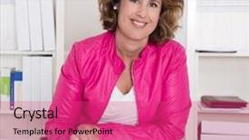  Presentation with desk - Cool new theme with smiling business woman sitting satisfied backdrop and a coral colored foreground