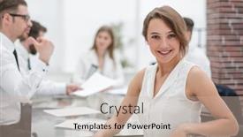  Presentation with front desk - PPT theme consisting of smiling business woman sitting in front of desk background and a soft green colored foreground