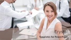  Presentation with front desk - Audience pleasing presentation design consisting of smiling business woman sitting in front of desk backdrop and a soft green colored foreground