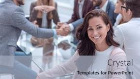  Presentation with meeting table - Colorful presentation enhanced with smiling-business-woman-sitting backdrop and a light blue colored foreground