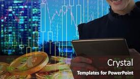  Presentation with bitcoins - Presentation theme featuring coin transportation - smiling business woman using tablet background and a wine colored foreground