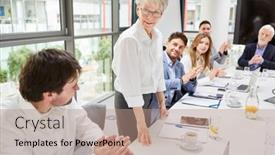  Presentation with conference table - PPT theme featuring smiling-business-woman background and a coral colored foreground