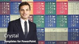  Presentation with cargo - Amazing slide deck having smiling-businessman-and-colorful-cargo backdrop and a dark gray colored foreground