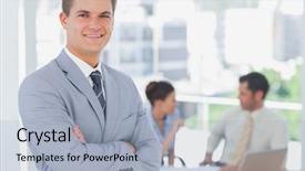  Presentation with office - PPT theme with smiling businessman and his colleagues background and a light blue colored foreground