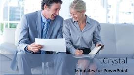  Presentation with secretary - Colorful slide deck enhanced with smiling businessman and his secretary looking at diary in living room backdrop and a teal colored foreground