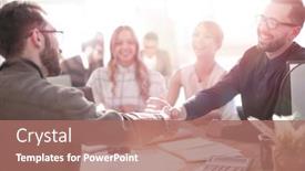  Presentation with meeting - Colorful PPT layouts enhanced with smiling-businessman-at-a-working backdrop and a coral colored foreground