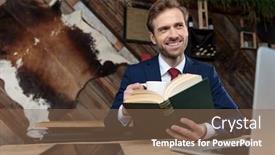  Presentation with coffee book - Audience pleasing PPT theme consisting of smiling-businessman-drinking-coffee backdrop and a violet colored foreground