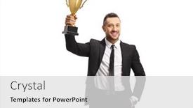  Presentation with gold trophy - Slide deck having smiling-businessman-holding-a-gold background and a light gray colored foreground