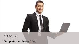  Presentation with laptop - Slide deck having smiling-businessman-holding-a-laptop background and a light gray colored foreground