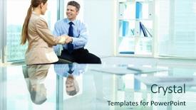  Presentation with trust - Presentation consisting of smiling businessman holding affectionately his female colleague' s hand as a sign of trust and support background and a sky blue colored foreground